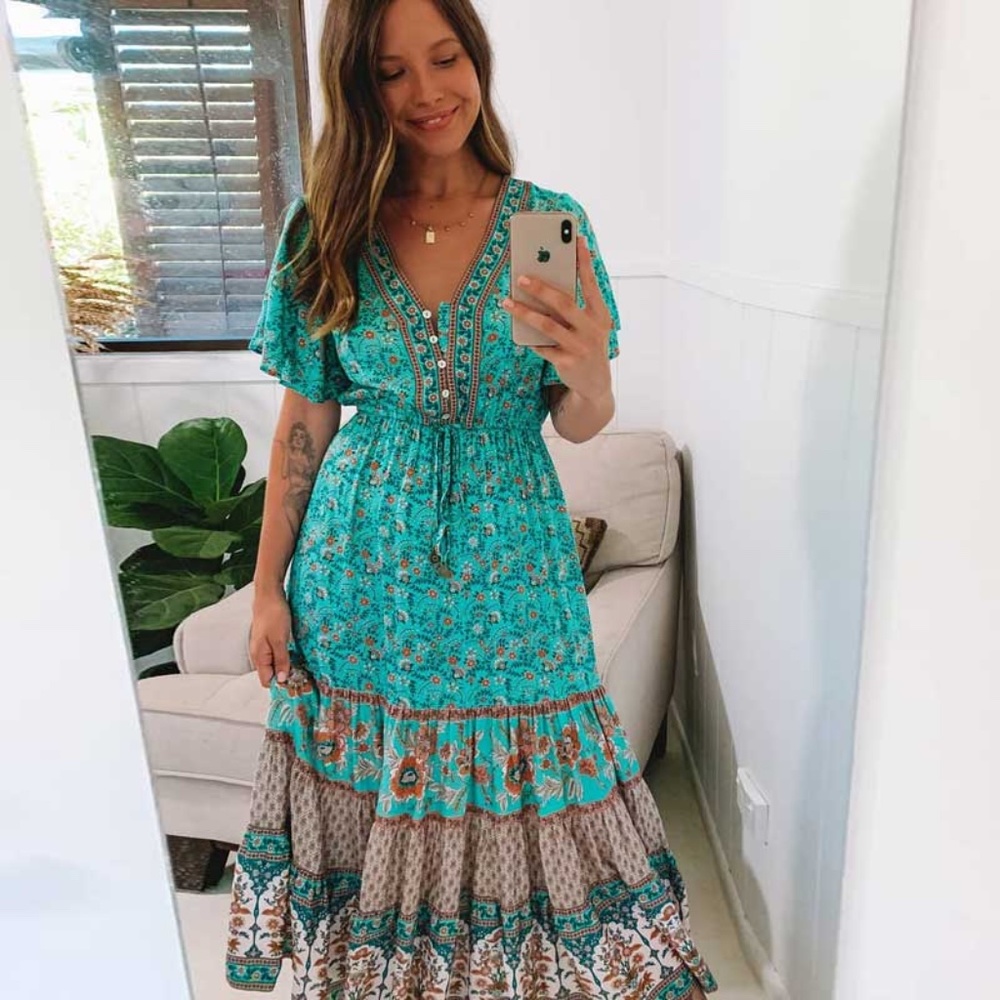 Boho Mint green floral print v neck button ruffle midi dress - Picture 5 of 6